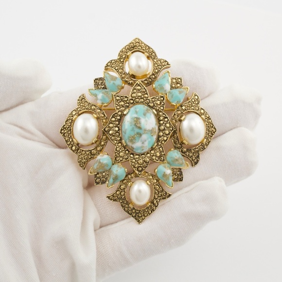 Vintage Sarah Coventry Faux Turquoise & Faux Pearl Pendant / Brooch Pin 1960s - Picture 3 of 7